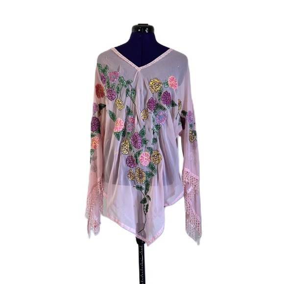 Roaman's Tops - Roamans Pink Sheer Floral Beaded Long Sleeve Top